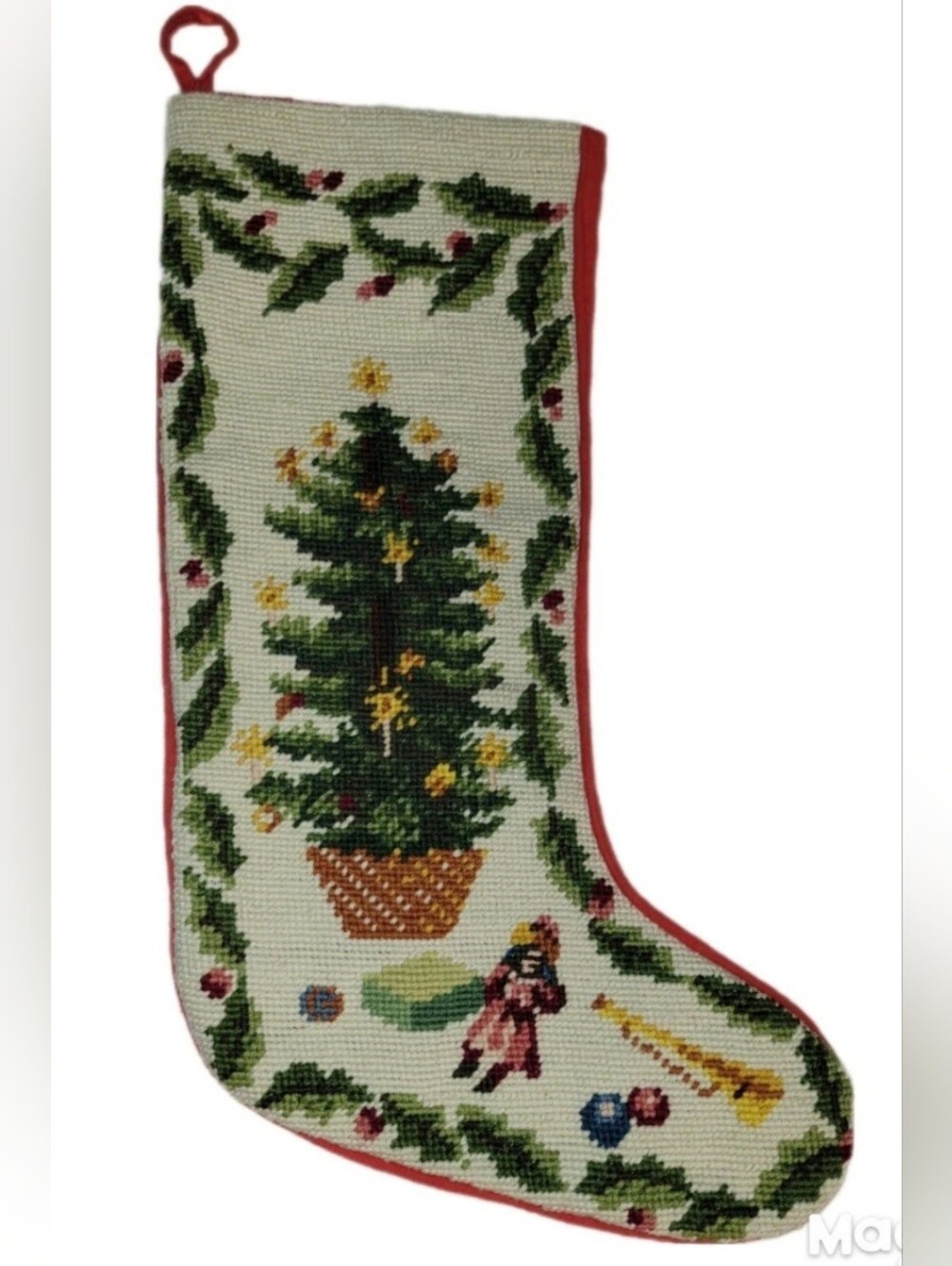 Vintage Hamdmade Wool Needlepoint Tapestry Christmas Stocking Red W Tree Holly